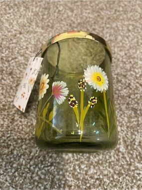 Hand-Painted Green Glass Floral Jar by